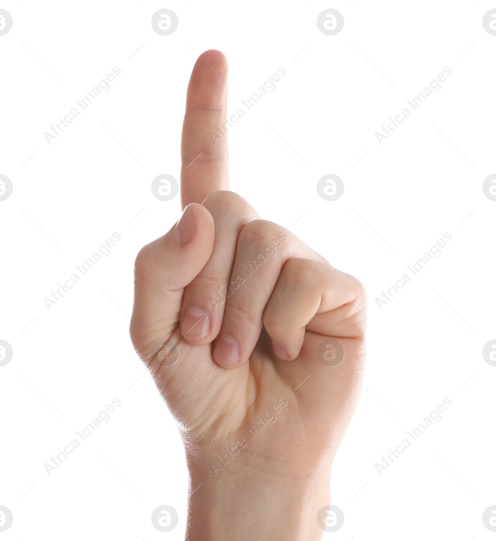 Photo of Man pointing at something on white background, closeup of hand