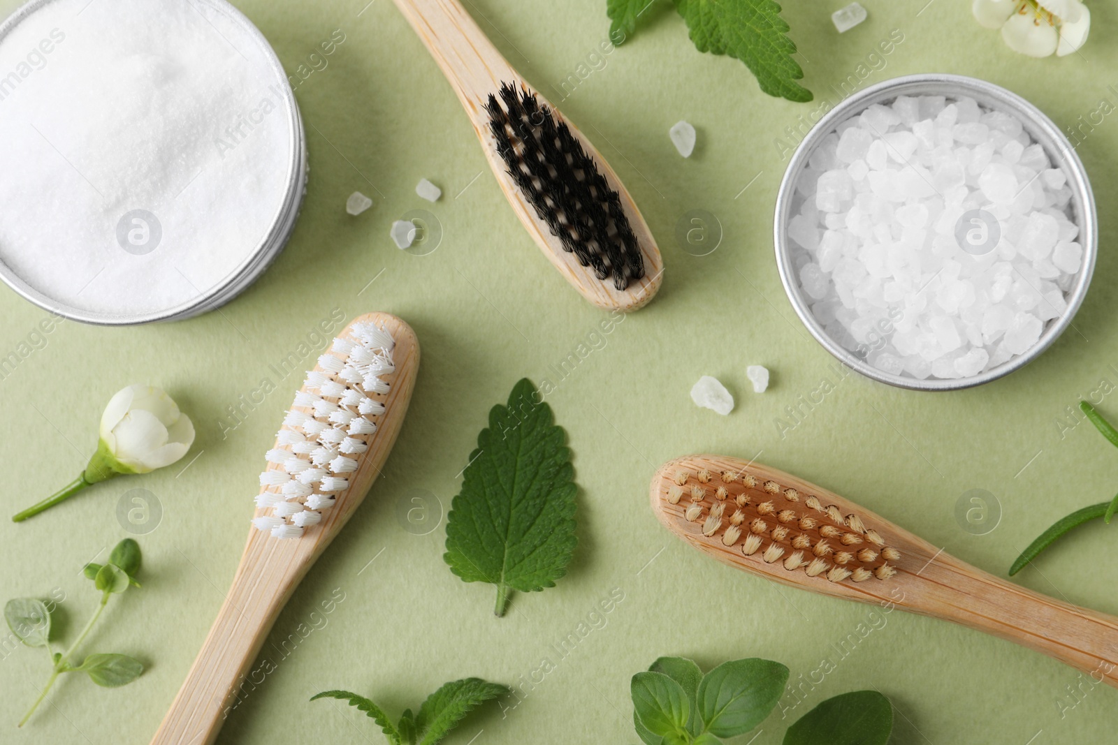 Photo of Flat lay composition with toothbrushes and herbs on light olive background