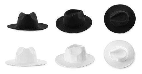 Image of Set with different stylish hats on white background, banner design. Trendy headdress