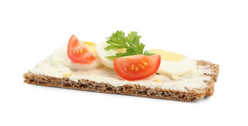 Photo of Fresh rye crispbread with boiled egg, cream cheese and tomato isolated on white
