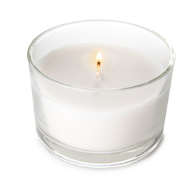 Photo of Burning candle in glass holder on white background