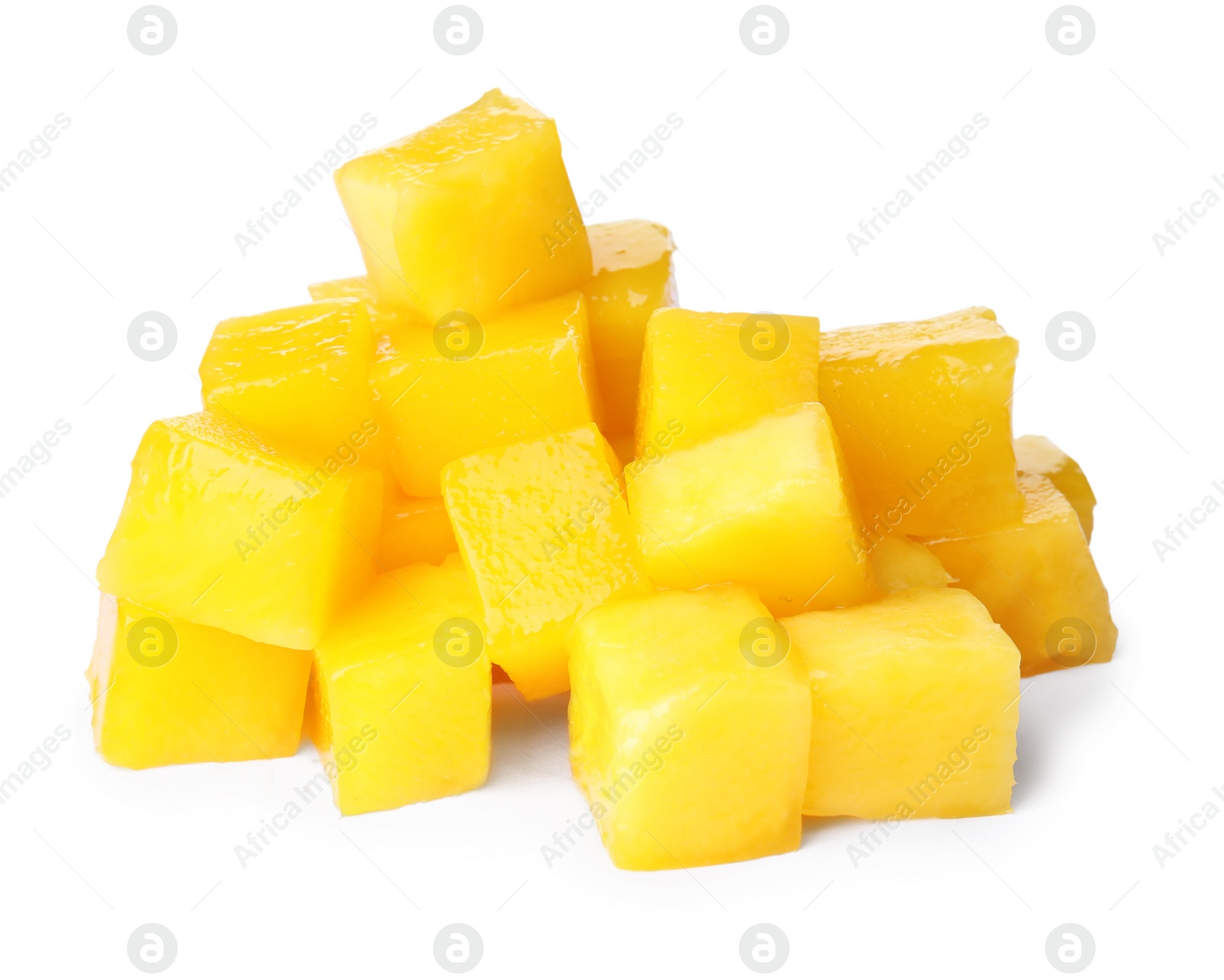 Photo of Fresh juicy mango cubes on white background