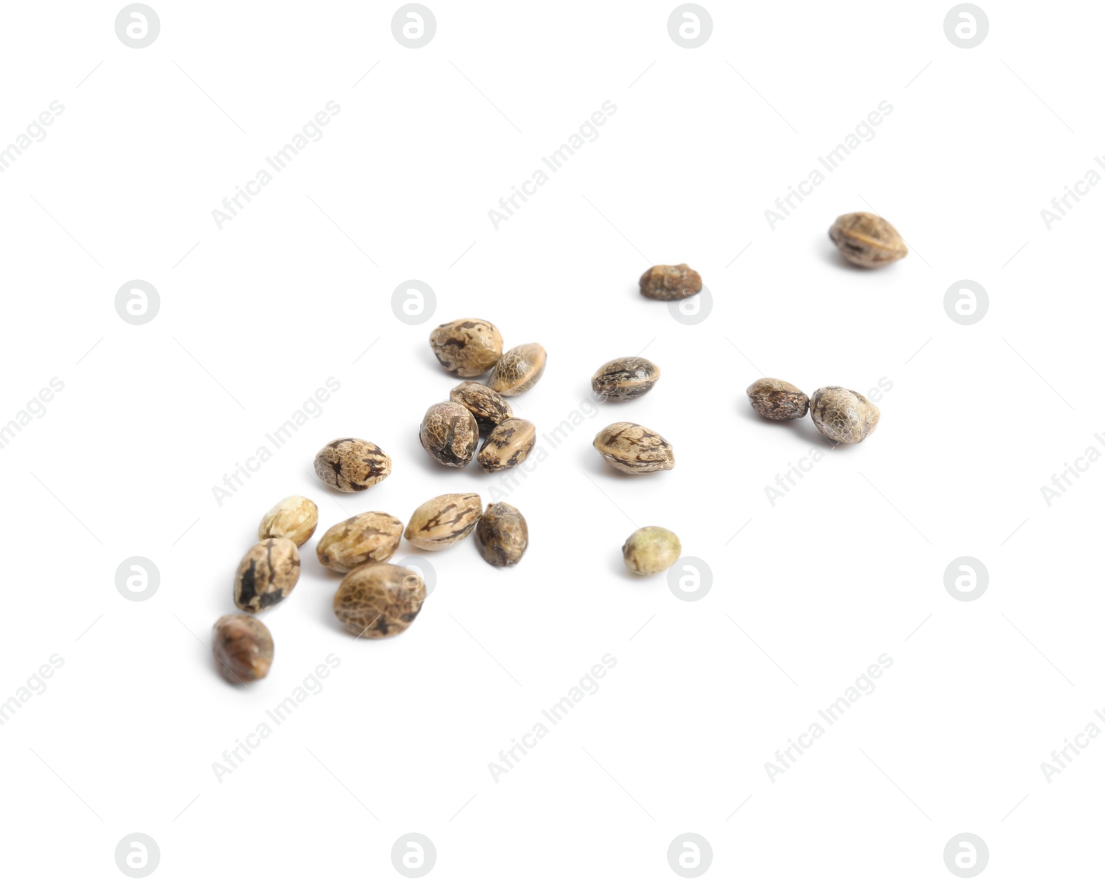 Photo of Raw organic hemp seeds on white background