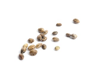 Raw organic hemp seeds on white background