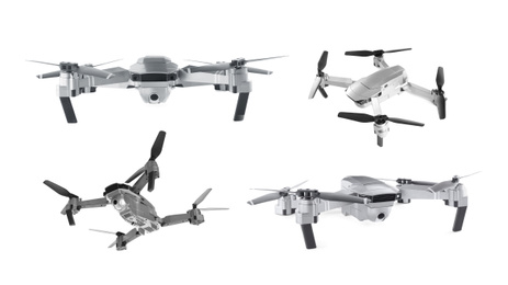 Modern drone on white background, views from different sides