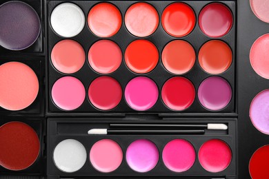 Photo of Colorful lipstick palettes as background, top view. Professional cosmetics