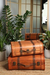Beautiful brown stylish suitcases on carpet indoors