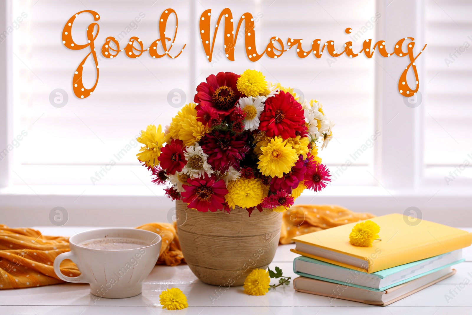 Image of Good morning! Cup of fresh coffee, books and beautiful bouquet on white wooden table near window