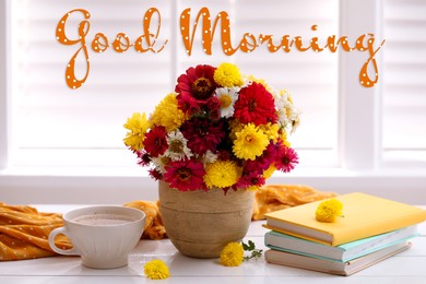 Image of Good morning! Cup of fresh coffee, books and beautiful bouquet on white wooden table near window