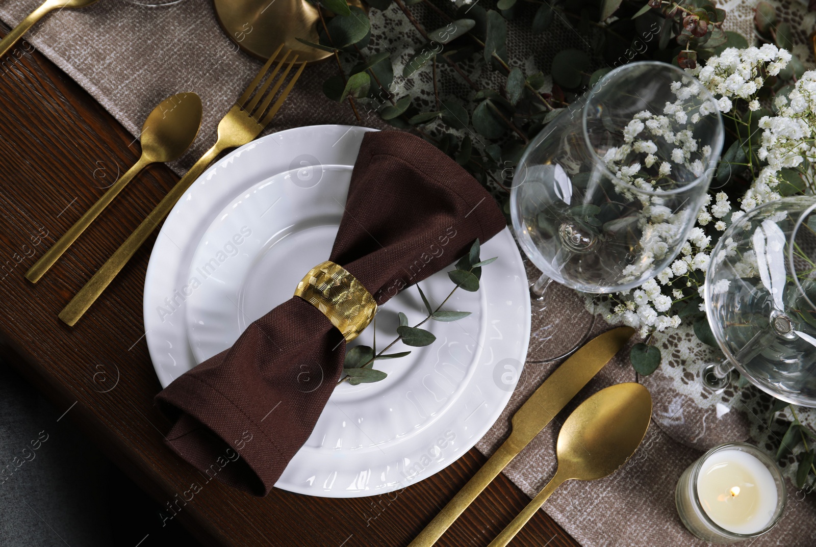 Photo of Stylish elegant table setting for festive dinner, flat lay