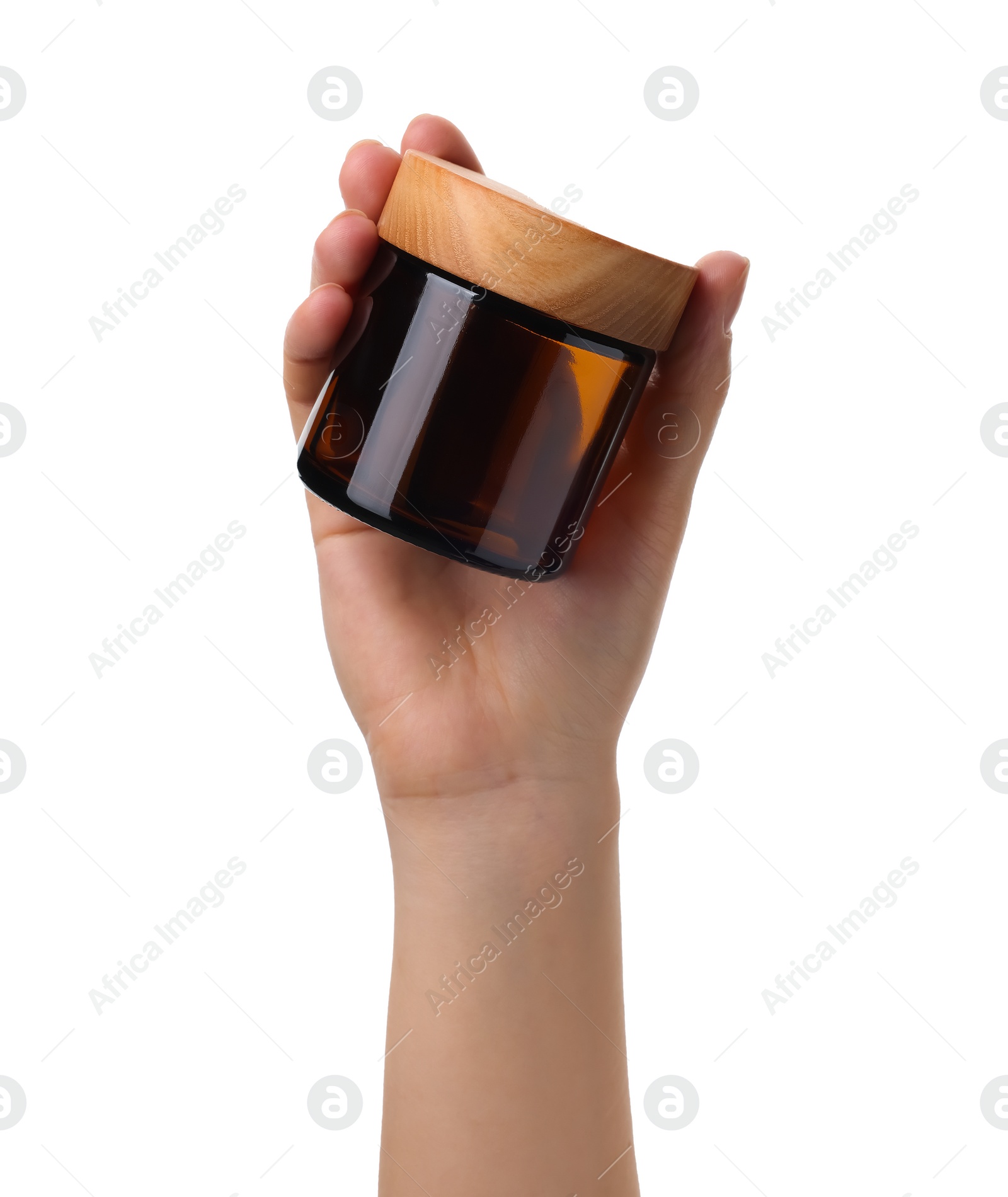 Photo of Woman holding empty glass jar with wooden lid isolated on white, closeup