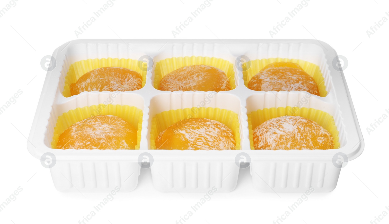 Photo of Plastic tray with delicious mochi on white background. Traditional Japanese dessert