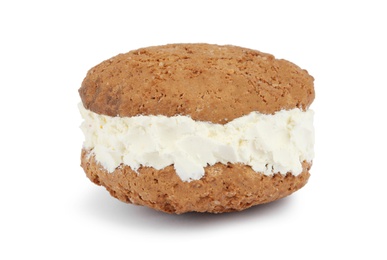 Photo of Sweet delicious ice cream cookie sandwich on white background