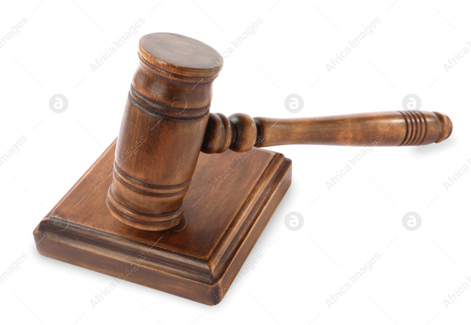 Photo of Wooden gavel isolated on white. Small mallet