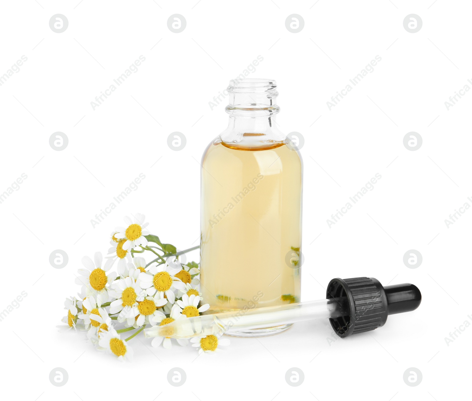 Photo of Bottle of essential oil with pipette and fresh chamomiles isolated on white