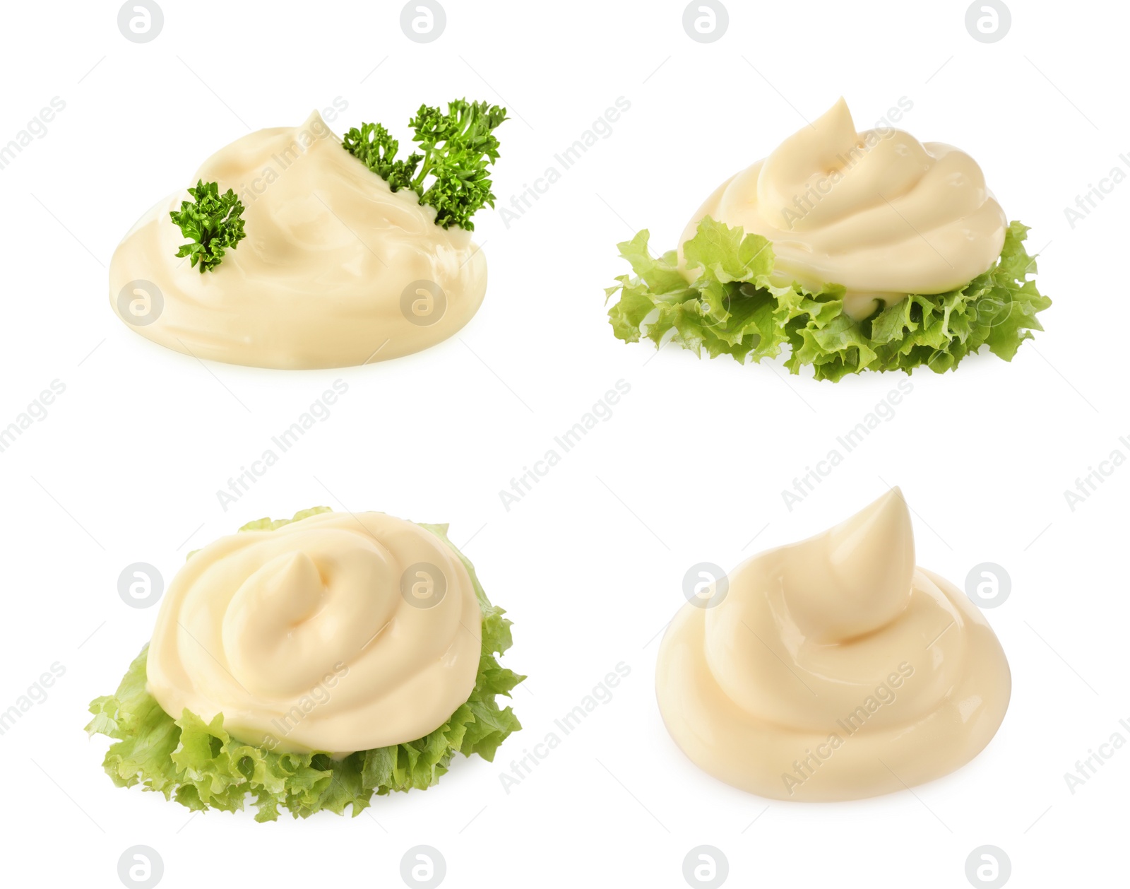 Image of Set with tasty mayonnaise and lettuce on white background