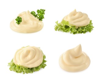 Set with tasty mayonnaise and lettuce on white background