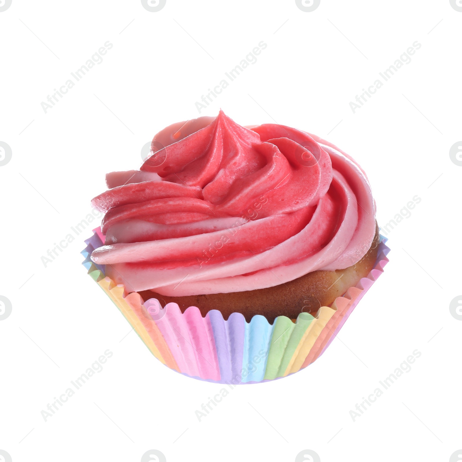 Photo of Delicious cupcake with pink cream isolated on white