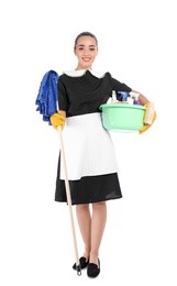 Young chambermaid holding mop and plastic basin with detergents on white background