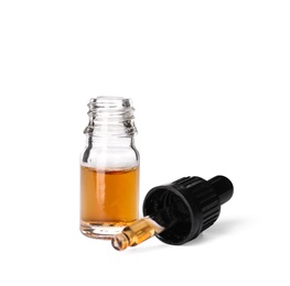 Photo of Cosmetic bottle and pipette with essential oil on white background