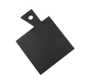 Photo of Black wooden cutting board isolated on white, top view