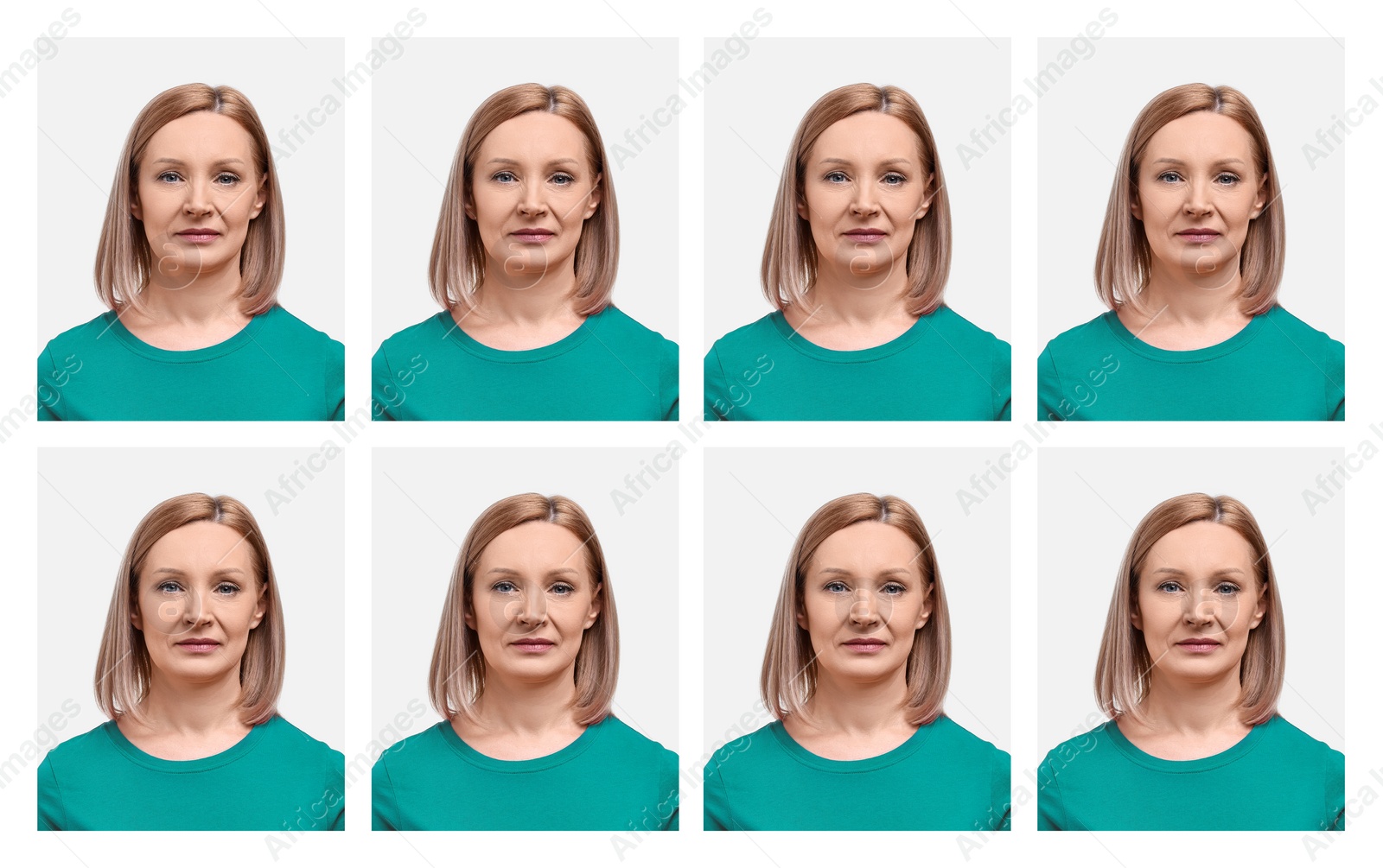 Image of Passport photo, collage. Woman on white background, set of photos