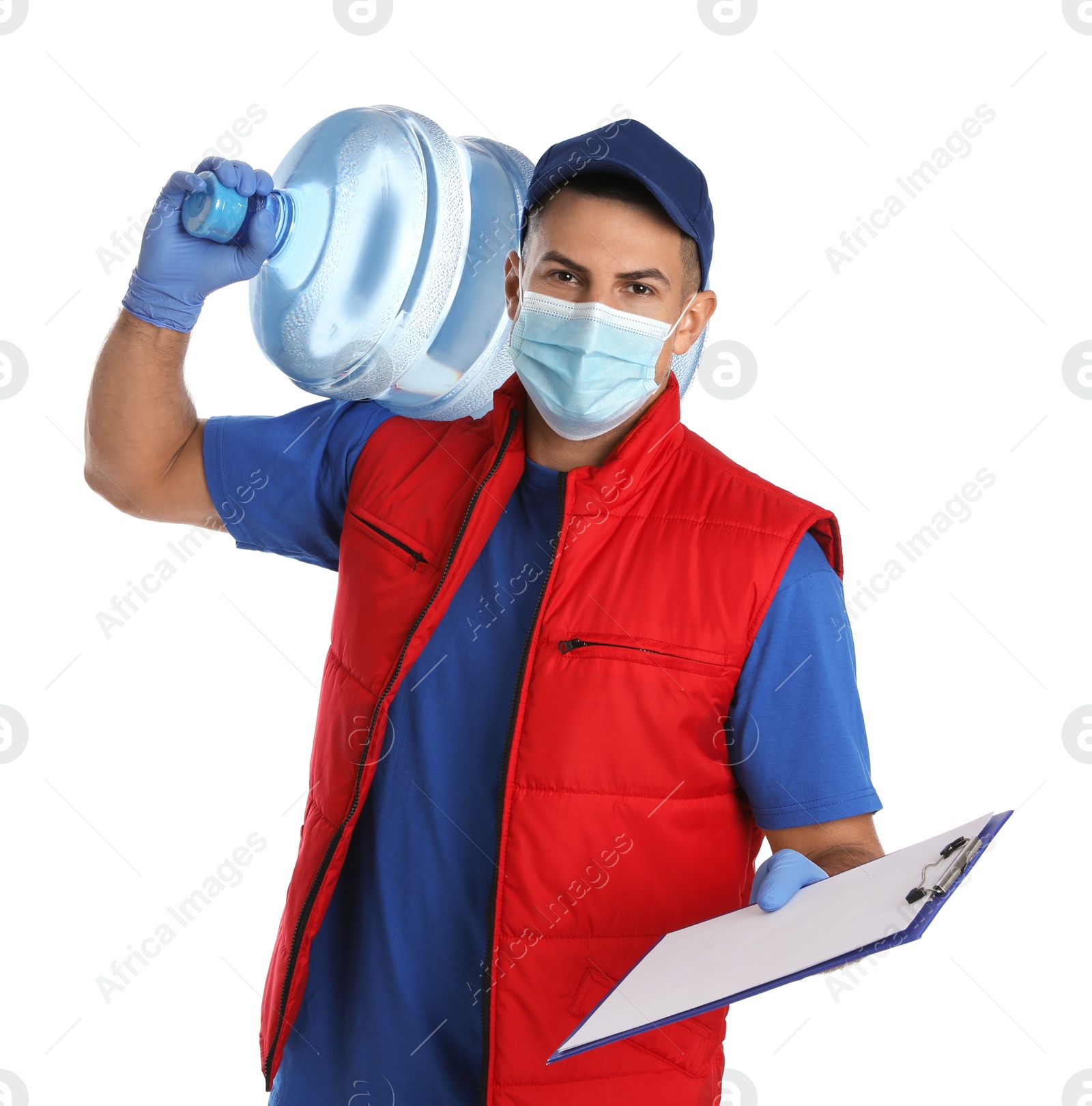 Photo of Courier in face mask with clipboard and bottle of cooler water on white background. Delivery during coronavirus quarantine