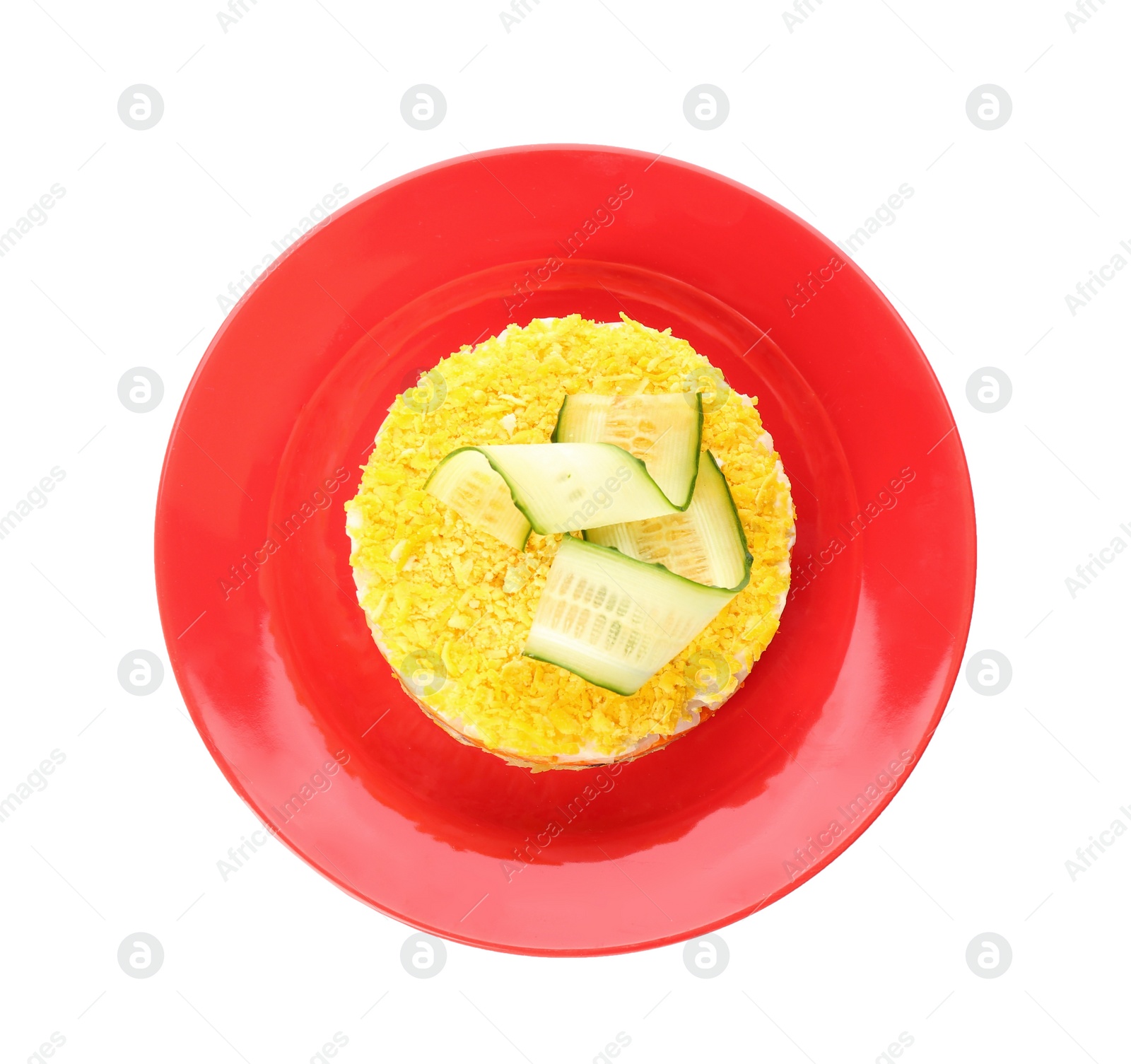 Photo of Traditional russian salad Mimosa on white background, top view