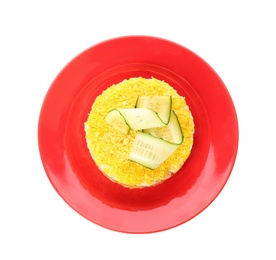 Photo of Traditional russian salad Mimosa on white background, top view