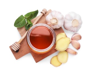 Photo of Ginger, honey, garlic and fresh mint for cough treatment. Cold remedies on white background, top view