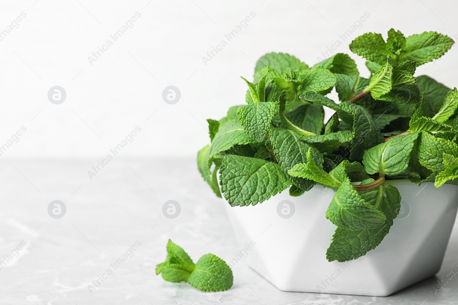 Photo of Bowl with fresh green mint on table. Space for text