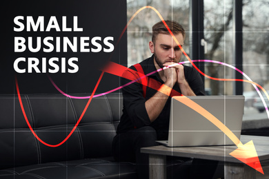 Double exposure of young man working with laptop in his salon and falling down financial chart. Small business crisis during covid-19 outbreak