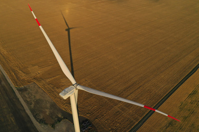 Aerial view on modern wind turbine. Alternative energy source