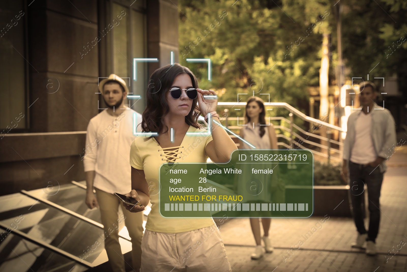 Image of Facial recognition system identifying people on city street. AI giving personal data of woman