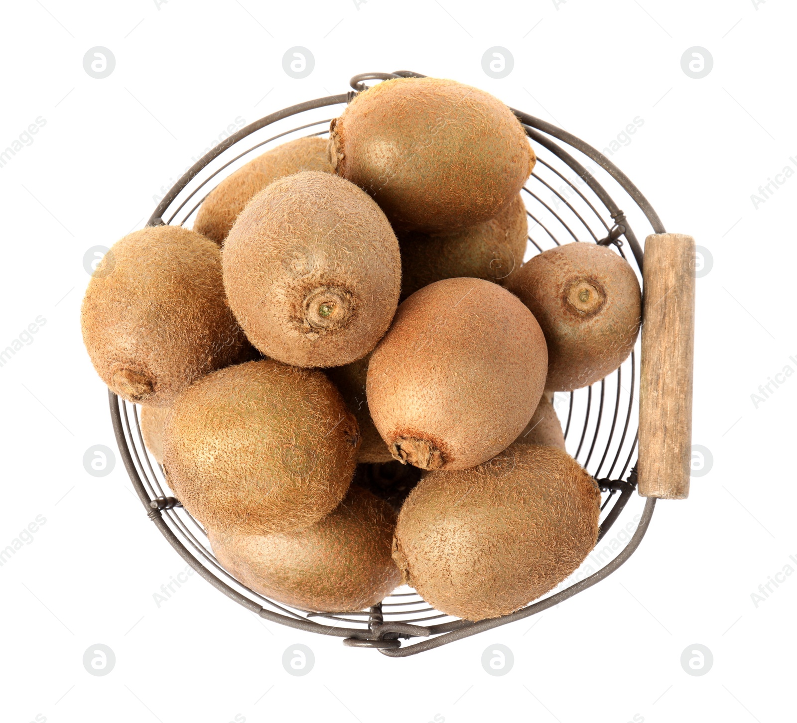 Photo of Whole fresh kiwis in metal basket isolated on white, top view