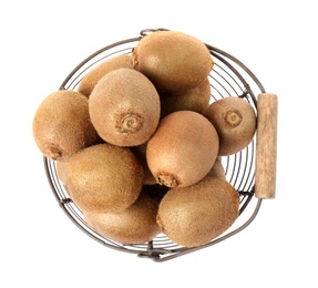 Photo of Whole fresh kiwis in metal basket isolated on white, top view