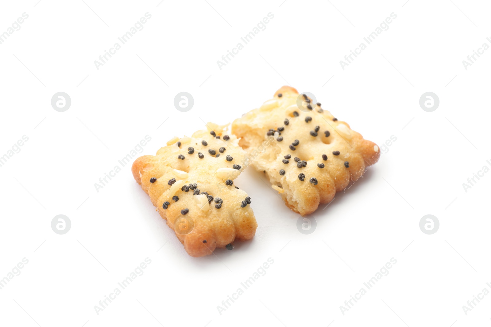 Photo of Broken delicious crispy cracker with poppy and sesame seeds isolated on white