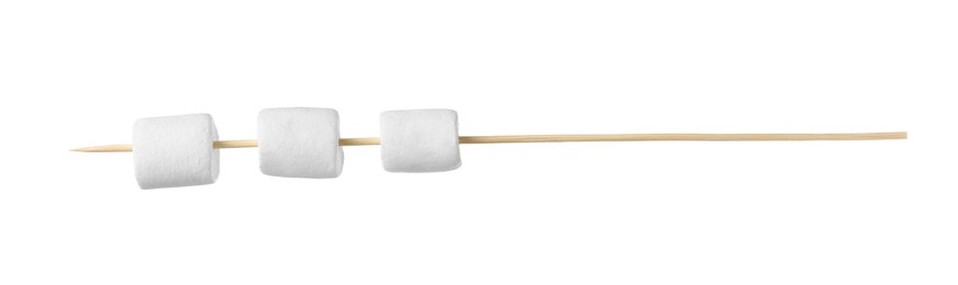 Photo of Stick with delicious puffy marshmallows isolated on white