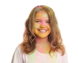 Teen girl covered with colorful powder dyes on white background. Holi festival celebration