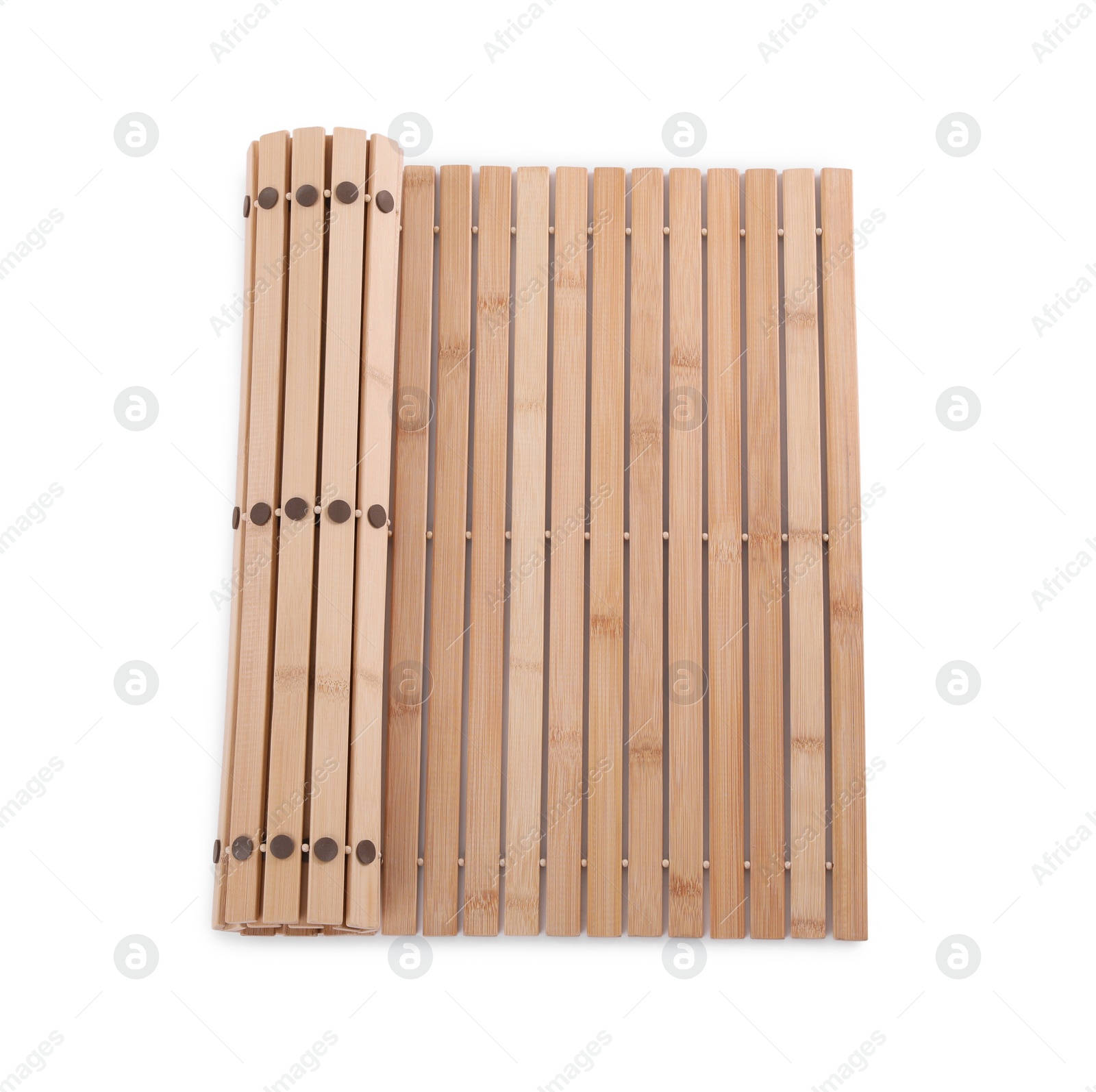 Photo of Bamboo rug isolated on white, top view. Bath accessory