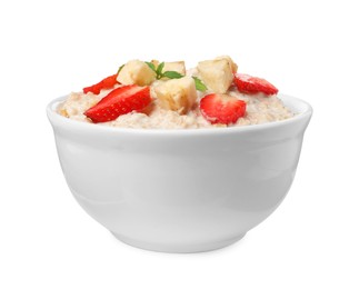 Photo of Tasty boiled oatmeal with strawberries and banana in bowl isolated on white