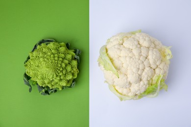 Fresh Romanesco broccoli and cauliflower on colorful background, flat lay