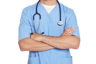 Doctor with stethoscope on white background, closeup