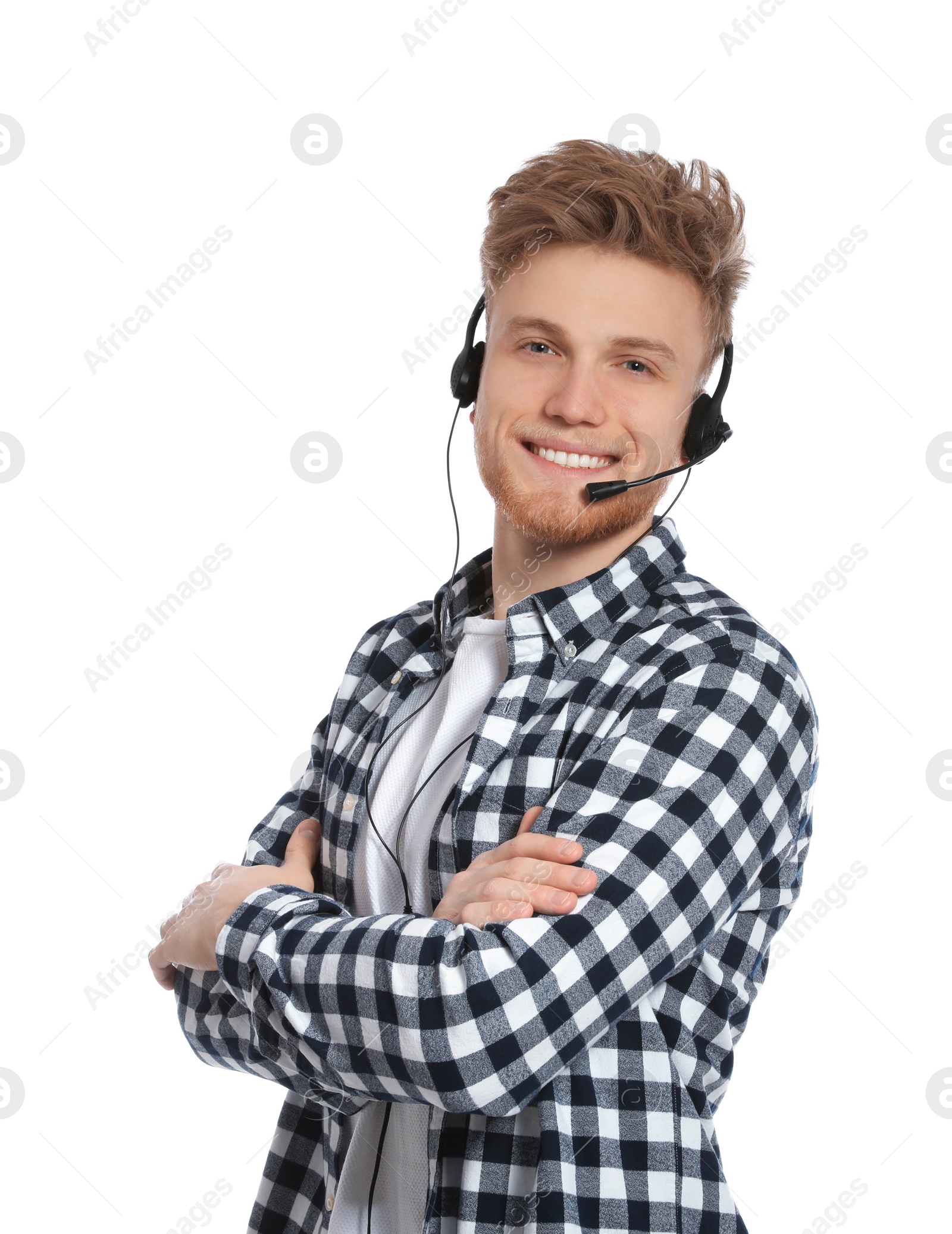 Photo of Technical support operator with headset on white background