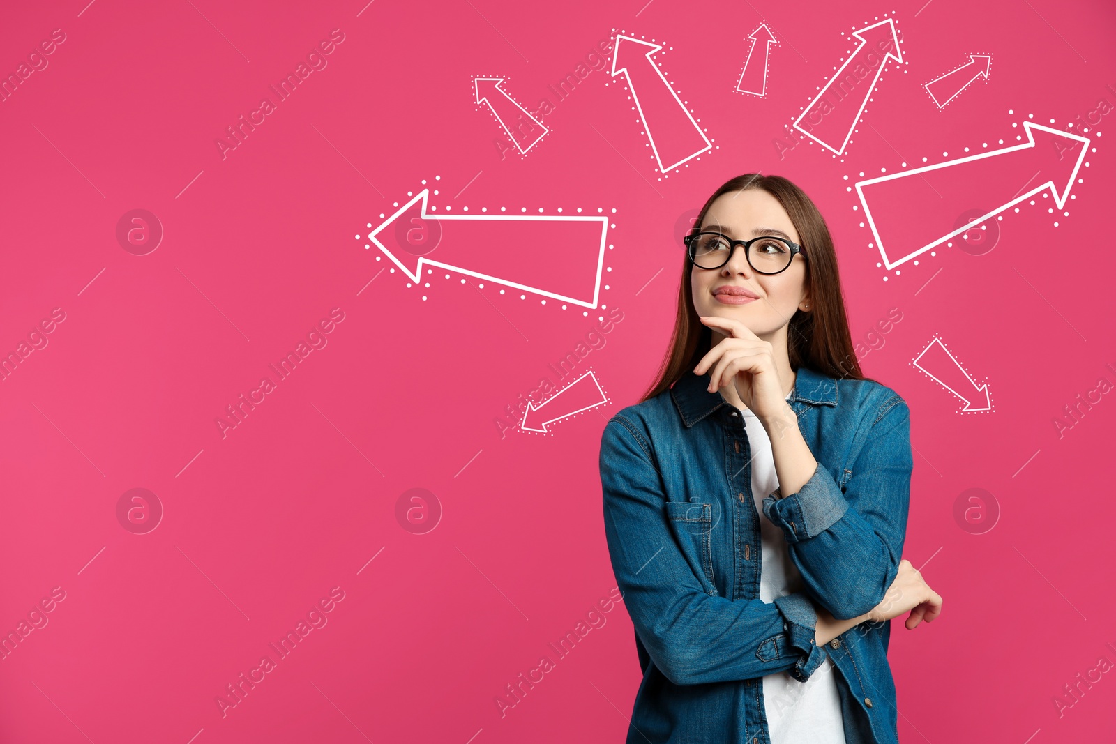 Image of Pensive woman standing near pink wall with arrows, space for text  