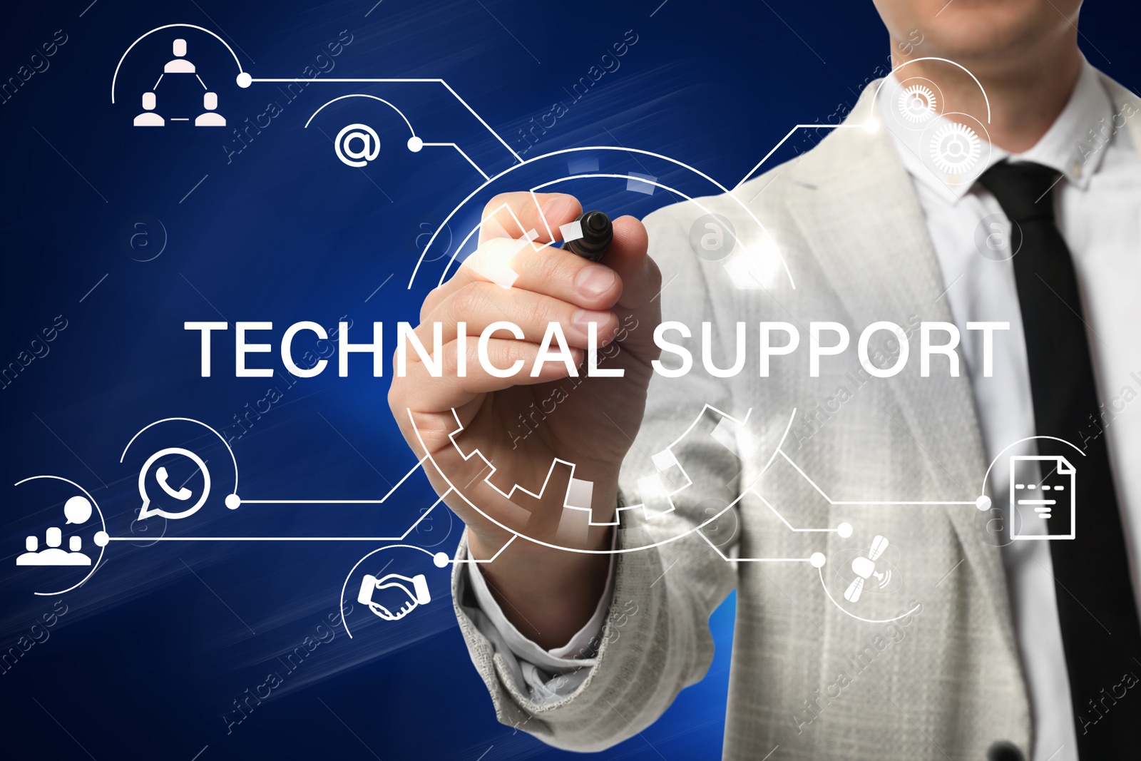 Image of Businessman using virtual screen against blue background, closeup. Technical support service