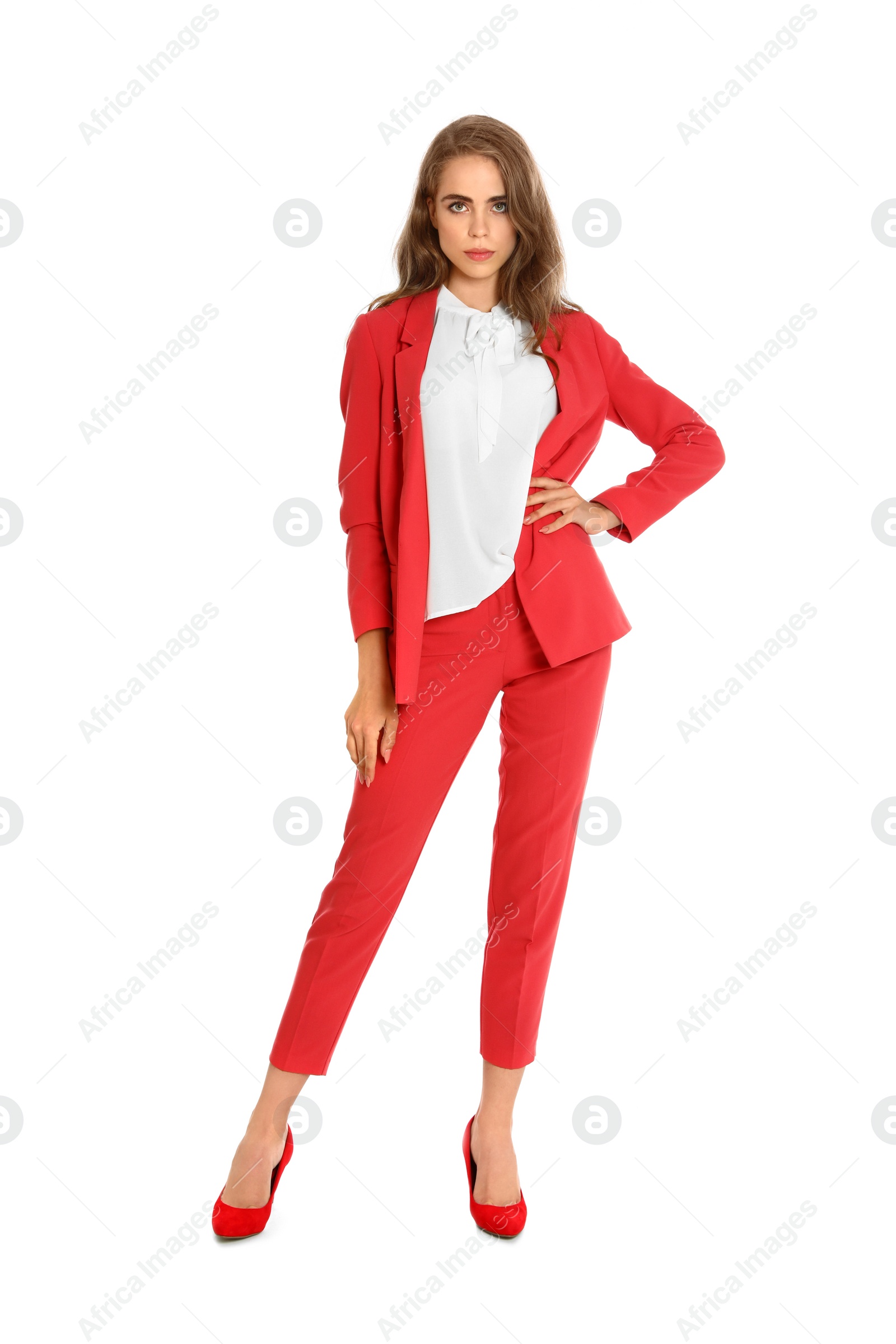 Photo of Full length portrait of young woman on white background