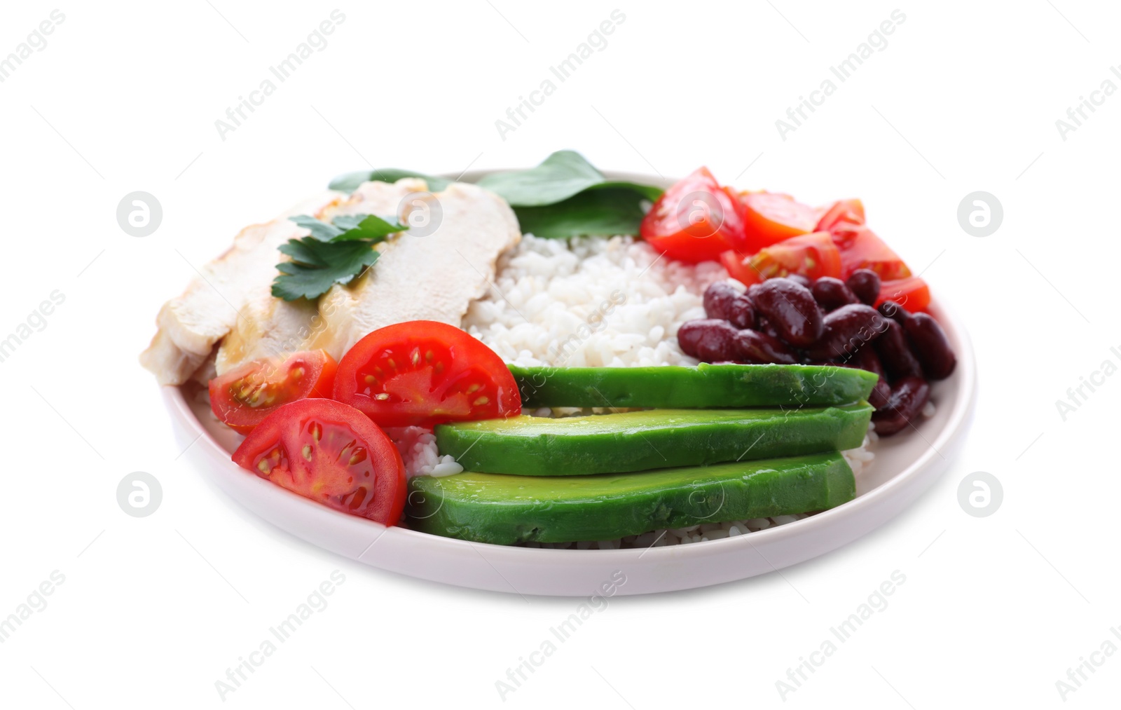 Delicious rice with beans and meat isolated on white Photo of Delicious rice with beans and meat isolated on white