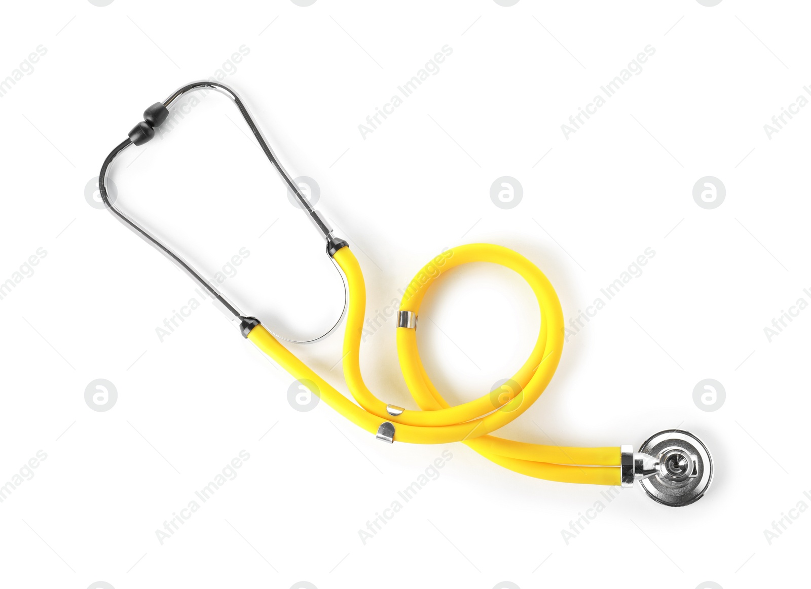 Photo of Stethoscope on white background, top view. Medical device