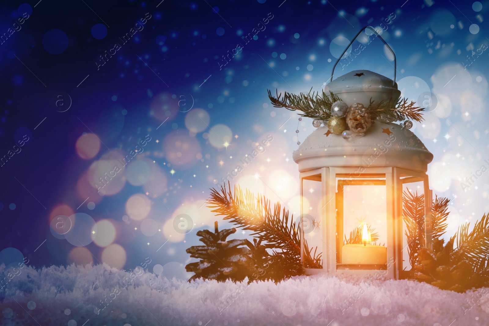 Image of Composition with Christmas lantern on snow, space for text. Magical atmosphere 